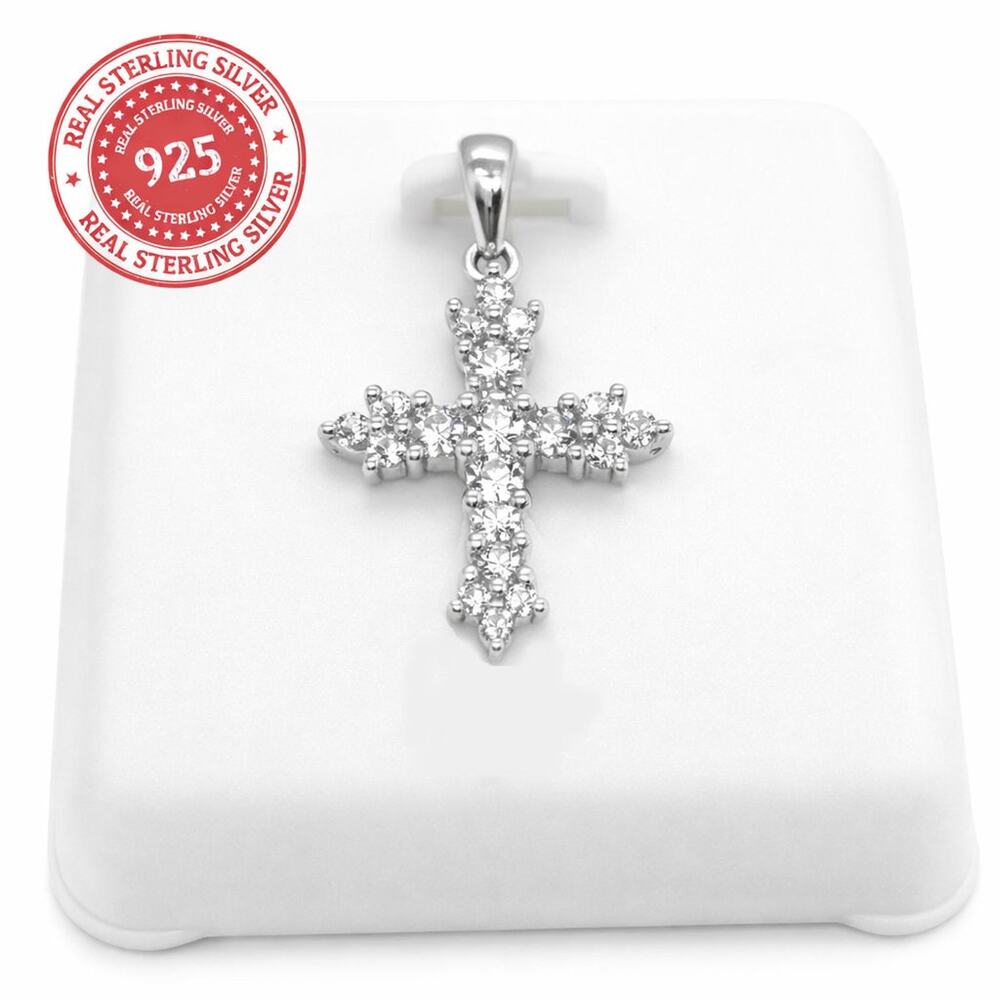 925 Sterling Silver CZ Cross Necklace Pendant 1" 26mm